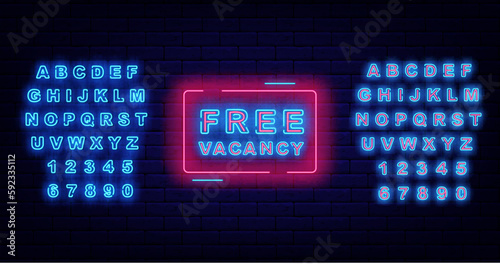 Free vacancy neon label. Luminous turquoise alphabet. Welcome to our team. Job searching design. Vector illustration