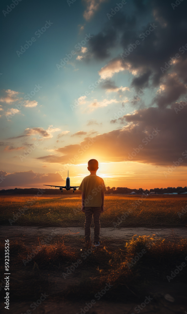 Little boy rear view standing in the field watching a plane flying low over the ground. Beautiful nature landscape at sunset in the background. Generative AI.