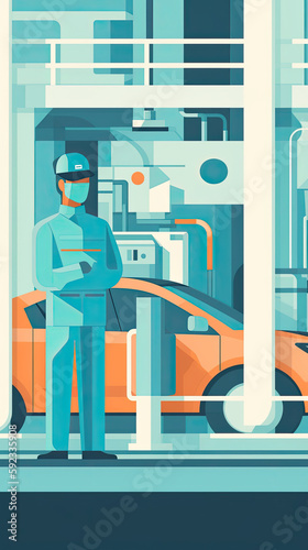 automotive engineer working on a production line, overseeing the assembly of vehicles and ensuring quality control standards are met, Flat illustration