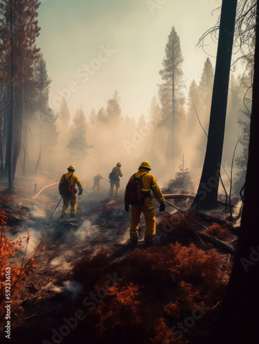 Firefighting squad putting out the wildfire. Few firemen wearing yellow uniform in the smoky nature. Generative AI.