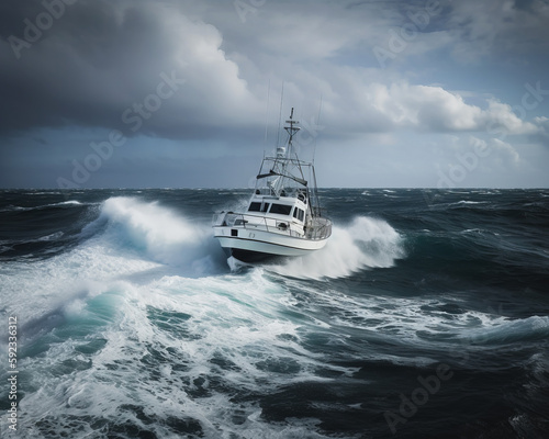 White yacht among the raging waters of the sea. Boat on the foamy waves at storm. Generative AI. © Vadim