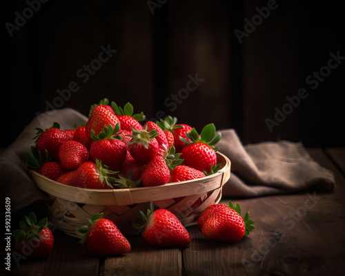 Delicious ripe strawberries in a wicker dish. Berries on the wooden table. Piece of cloth at backdrop. Generative AI.