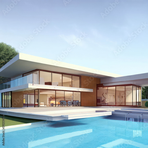 Mid-century modern house with swimming pool, generative AI
