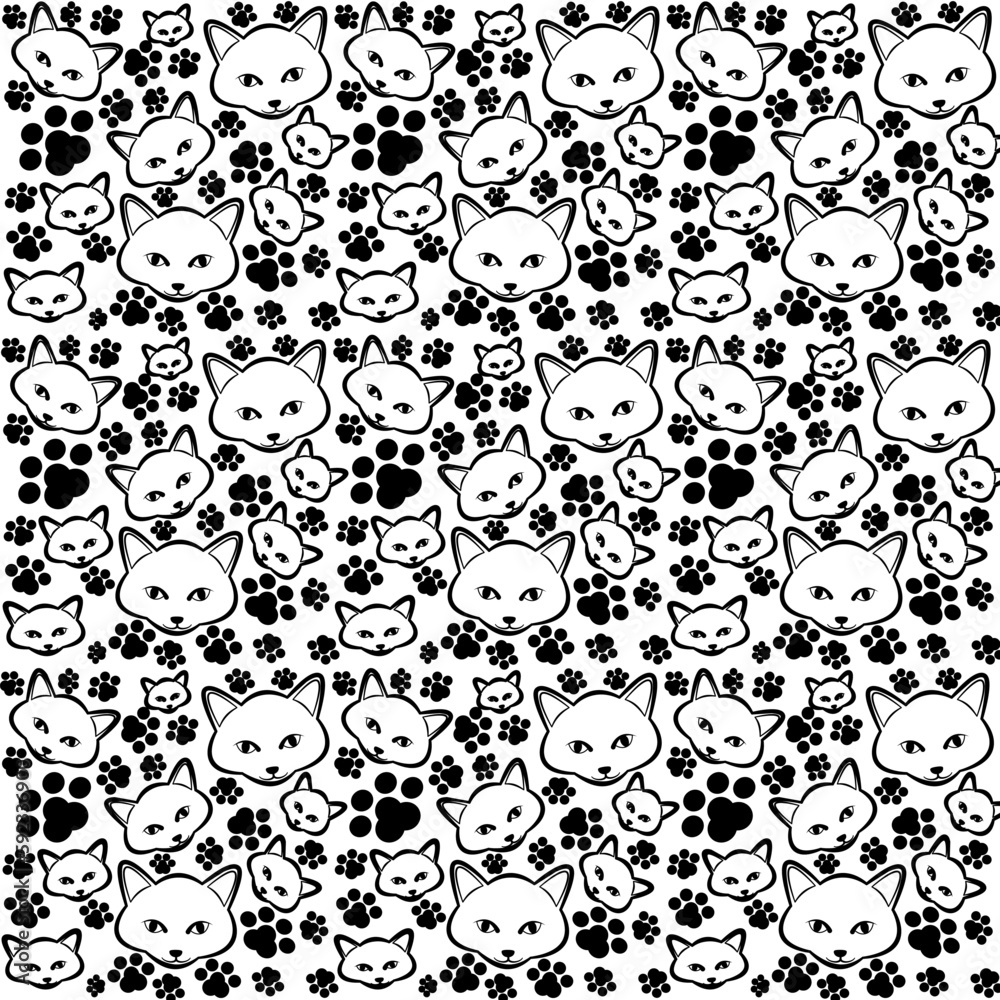 Cat and footprint seamless pattern for background. Wallpaper for cat lovers.
