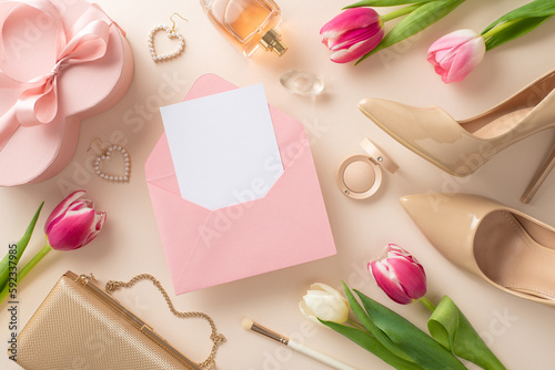 Chic Mother's Day celebration concept. Flat lay of high-heels, handbag, gift box, tulip flowers, lipstick brushes, earrings on a pastel beige background with open envelope with empty space for text