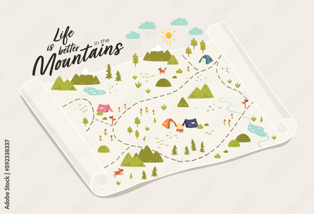 Cute hand drawn map with mountains, tents, trees, hills. 3d illustrated ...