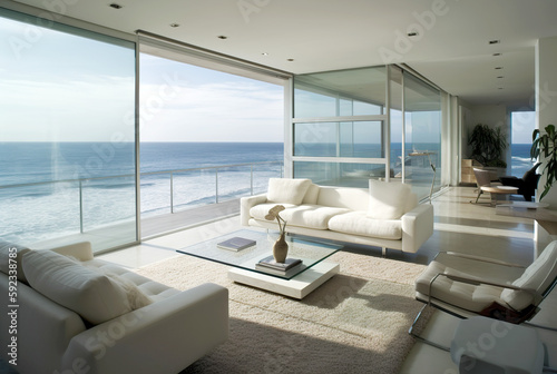 The living room of a modern beach home. Very bright with lots of windows and a view of the sea. AI generated illustration.