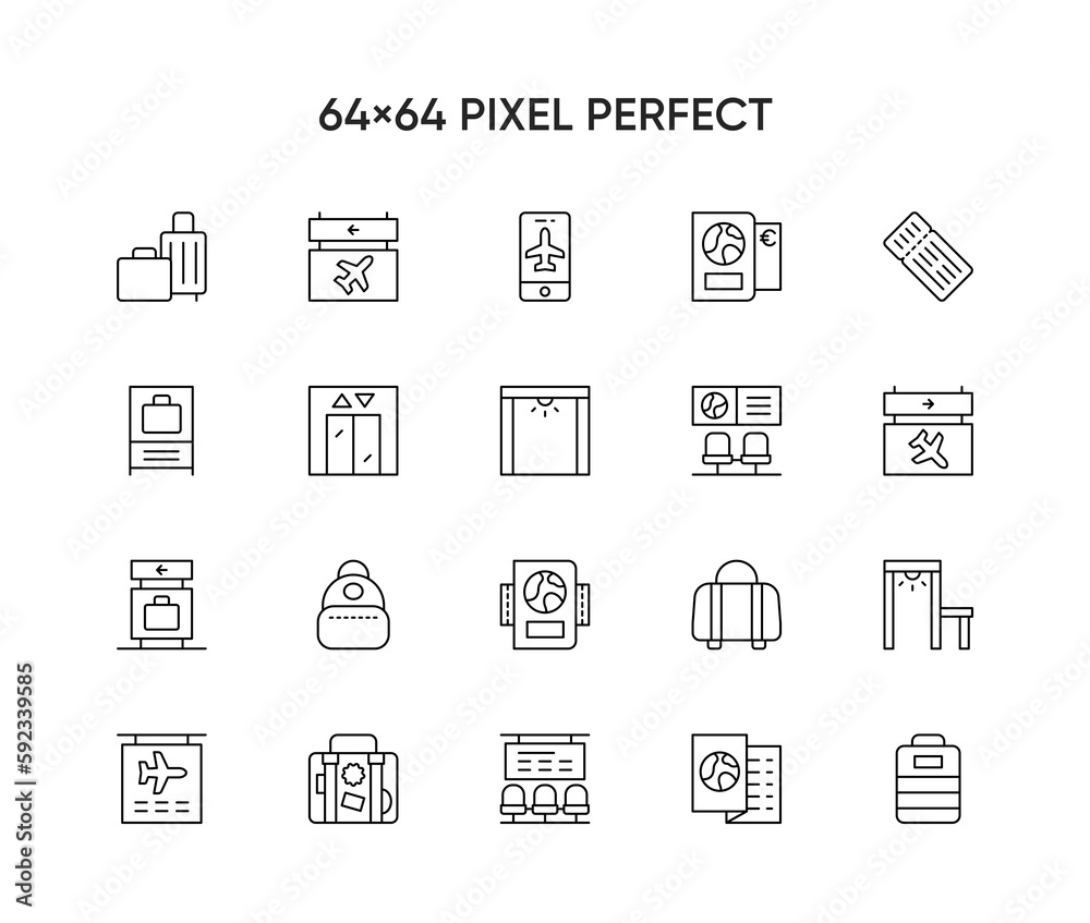 Airport terminal related vector line icons.