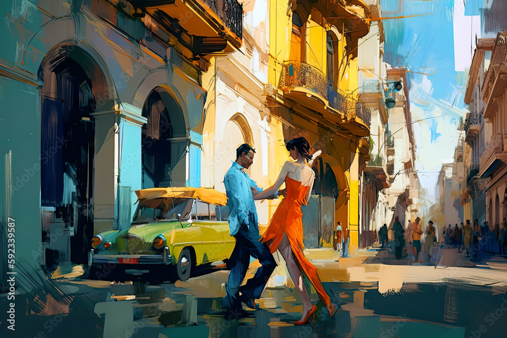 Couple dancing tango on street in Buenos Aires retro futuristic style, AI generative illustration - obrazy, fototapety, plakaty 