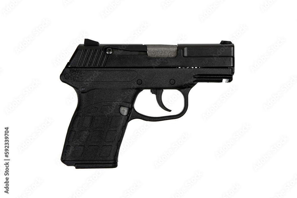Modern semi-automatic pistol isolate on a white back. Armament for the army and police. Short-barreled weapon Modern semi-automatic pistol isolate on a white back. Armament for the army and police. Short-barreled weapon