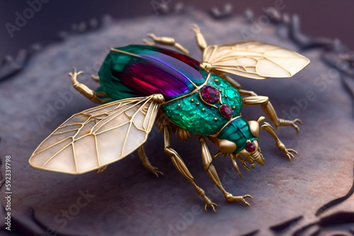 Jewelry golden insect brooch. Realistic background, 3d generative ai illustration © Anna