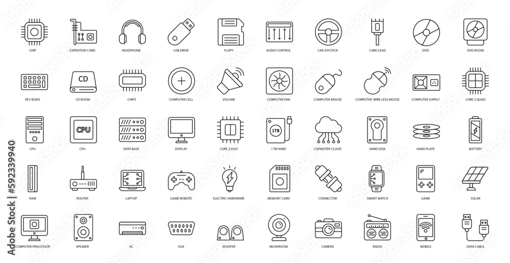 Hardware Thin Line Icons Technology CPU Computer Icon Set in Outline Style 50 Vector Icons in Black Hardware Thin Line Icons Technology CPU Computer Icon Set in Outline Style 50 Vector Icons in Black