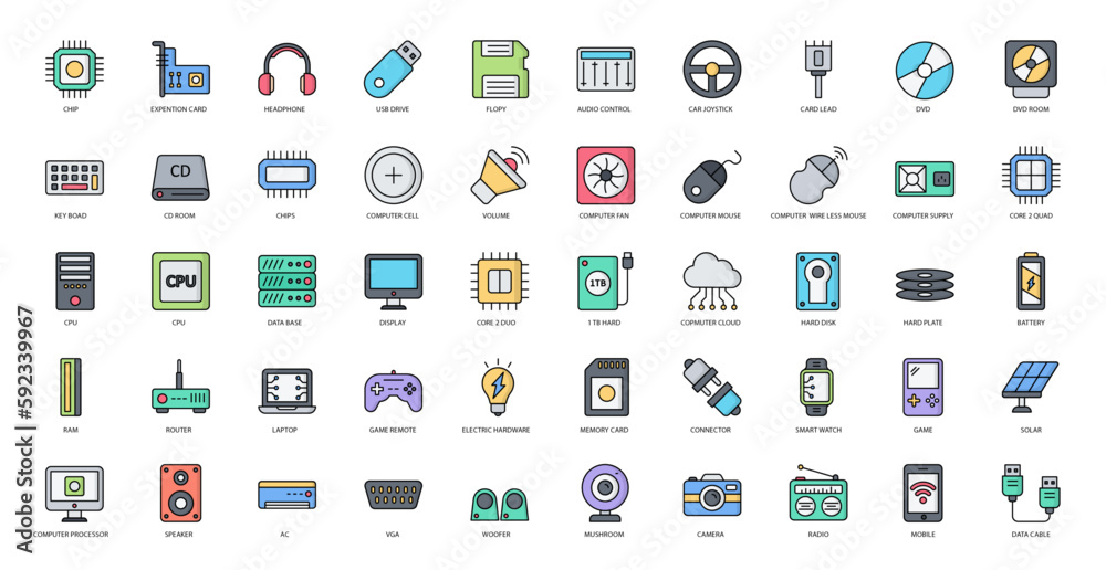 Hardware Color Line Icons Technology CPU Computer Icon Set in Filled Outline Style 50 Vector Icons