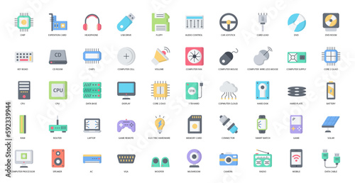 Hardware Flat Icons Technology CPU Computer Icon Set in Color Style 50 Vector Icons
