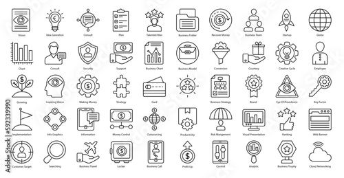 Business Strategy Thin Line Icons Productivity Management Icon Set in Outline Style 50 Vector Icons in Black