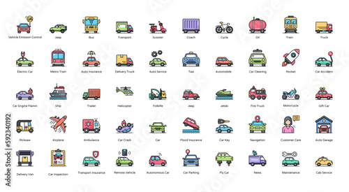 Vehicle Color Line Icons Vehicles Transportation Icon Set in Filled Outline Style 50 Vector Icons photo