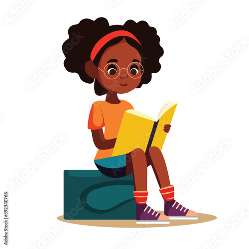 Cute smiling elementary school black girl student holding an open book reading. Homeschooling home education illiteracy campaign banner