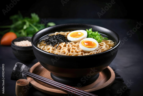 Japanese ramen noodle soup in black bowl. Generative AI