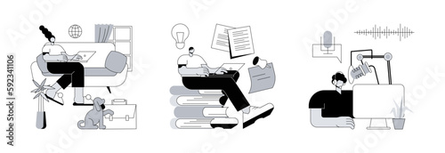 Independent entrepreneur abstract concept vector illustration set. Become a freelancer, copywriting service, voice over recording studio, writing article, narration, digital nomad abstract metaphor.