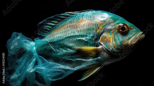 A Fish Trapped by Plastic Bag. Pollution in the ocean. Gen AI
