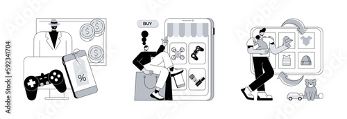 Second hand trade abstract concept vector illustration set. Gray market, online flea market, baby clothes trade-in, used goods, resale shop, vintage marketplace, antique auction abstract metaphor.