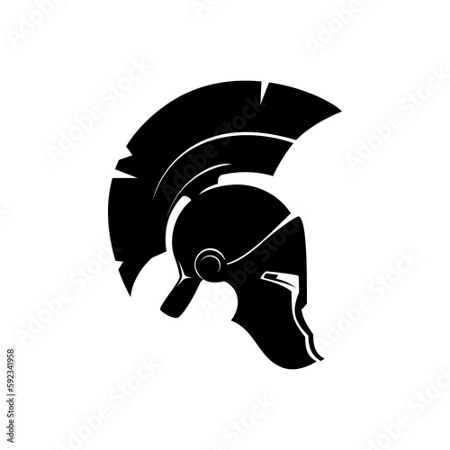 Silhouette antiques Roman or Greek helmet for head protection soldiers with a crest of feathers or horsehair with slits for the eyes and mouth, helmet on a white background, vector illustration