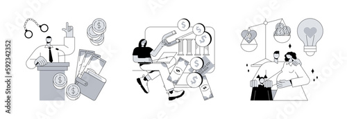 Public life abstract concept vector illustration set. Political corruption, financial crimes, public morality, ethical standards, bribery and tax offense, money laundering abstract metaphor.