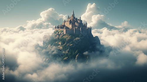 a castle sitting on top of a mountain surrounded by clouds © Bipul Kumar