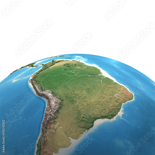 High resolution satellite view of Planet Earth, focused on South America, Amazon Rainforest, Andes Cordillera - 3D illustration, elements of this image furnished by NASA.