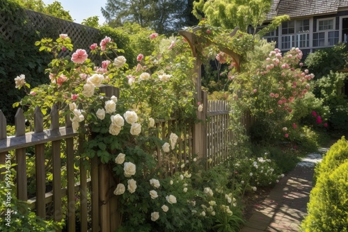 wooden fence with trellis and climbing roses in full bloom, created with generative ai photo