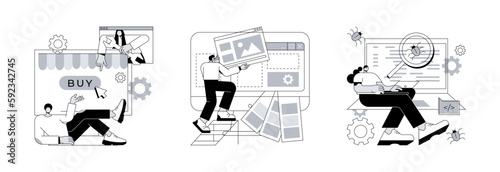 Application software abstract concept vector illustration set. E-commerce development, low code development, IT software testing, online shopping app coding, QA team, bug fixing abstract metaphor.