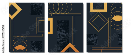 Set of abstract geometry templates with art deco style with marble texture. Gold and luxury invitation background design vector in dark color. For invitation, cover, vip card, print, poster
