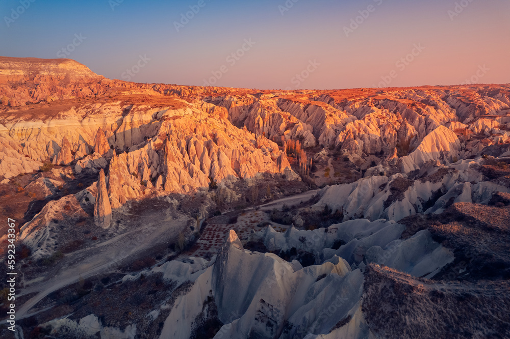Rose pink valley Landscape Cappadocia stone old cave house in Goreme national park Turkey, Aerial top view
