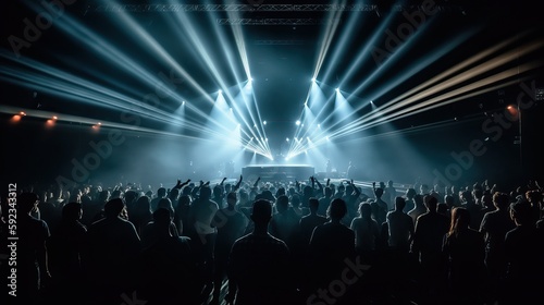 Panorama live music concert crowd and audience with beams light show and concert lighting. Edm electronic music festival or rock show performance with crowded people silhouette. Generative AI
