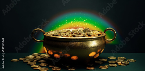 a pot full of gold coins with a rainbow in the background