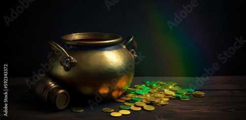 a pot of gold coins with a rainbow in the background