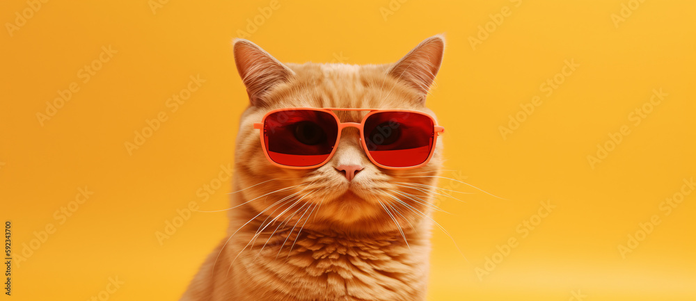 a cat wearing sunglasses on a yellow background