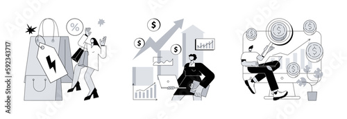 Retail profit plan abstract concept vector illustration set. Flash sale, sales forcasting and index, special offer, e-commerce shop promotion, business statistics, performance abstract metaphor.