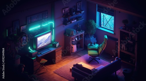  A gamer’s room with neon lightings, 32 bit isometric, photography, 8k, hyper realistic, generative ai