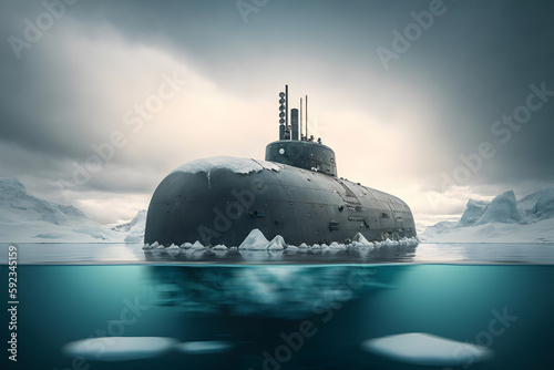 Nuclear military Submarine in north waters of Arctic, Aerial top view. Generation AI
