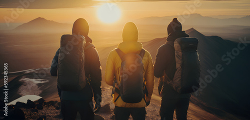 Group tourists of hiker sporty people on top of mountains at sunset with backpacks. Concept banner adventure with copy space. Generation AI