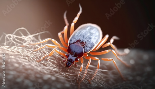 Infected tick on human skin. Ixodes lyme ricinus mite. Dangerous biting insect macro photo. AI generation photo