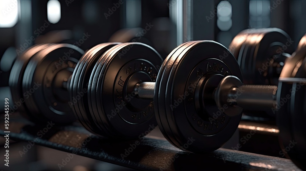 Fototapeta premium a set of weights at the gym, epic, 8k, hyperrealistic, photography, generative ai