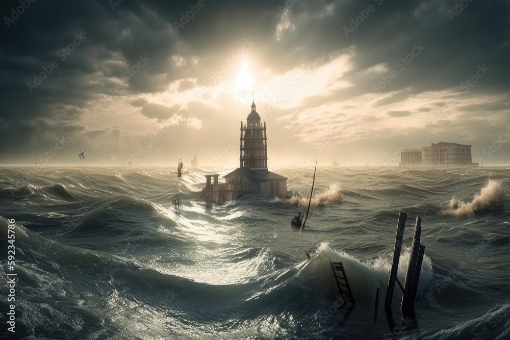 city submerged and flooded due to climate change and sea level rise ...