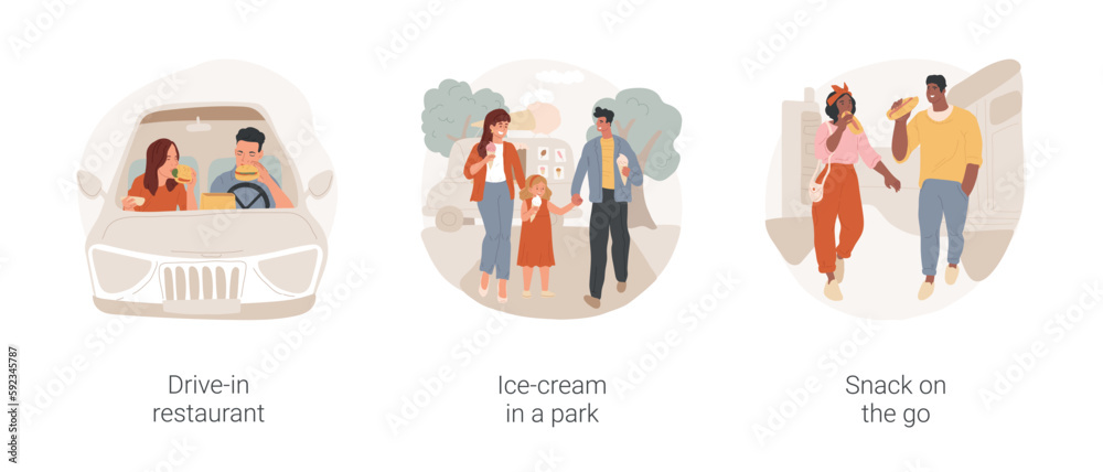 Eating on-the-go isolated cartoon vector illustration set. Drive-in restaurant, snacking in the car, happy family eating ice-cream in a park, snack on the go, fast food vector cartoon.