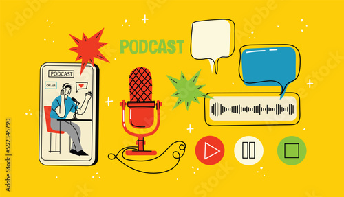 Podcast recording and listening, broadcasting, online radio, audio streaming service concept. Hand drawn vector isolated illustrations of headphones, microphone, laptop, equalizer, speech bubbles.