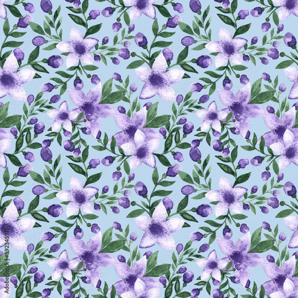 Floral hand drawn watercolor seamless endless pattern with lots of beautiful violet purple colored flowers with green leaves and buds as aquarelle element for print fabric, cards, textile.backdrop