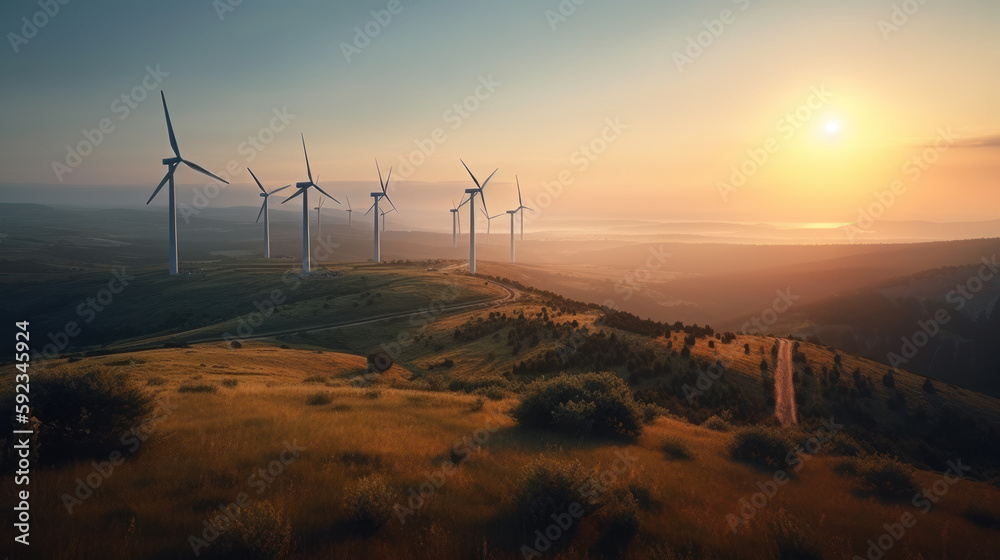 renewable energy and wind turbines on hill at sunset. generative ai