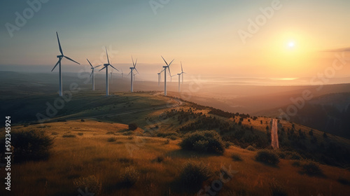 renewable energy and wind turbines on hill at sunset. generative ai