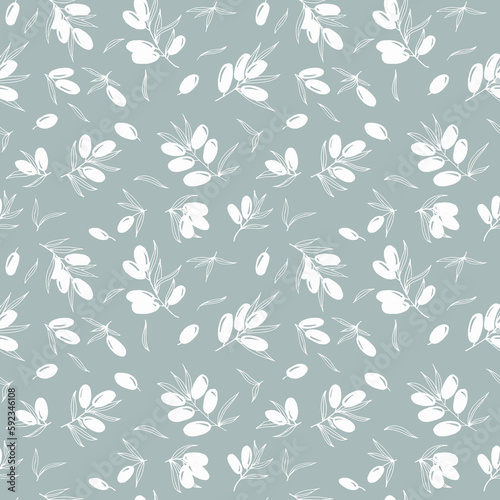 Line art hand drawn seamless pattern with white olive tree branches and leaves on paleblue backdrop.Organical fresh vegetarian healthy food background